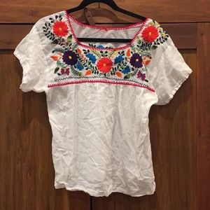 White and Flowered Mexican Blouse